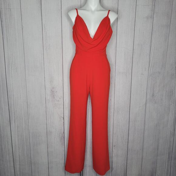 Dress The Population Red Wide Leg Draped Deep V Neck Jumpsuit Womens Small - Picture 1 of 9